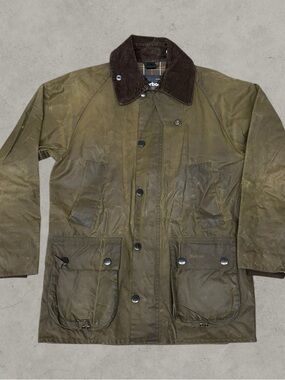 Barbour Jacket Mens Medium Brown Waxed Tartan Plaid Classic Bedale Tin Cloth VTG